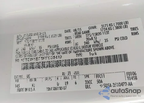 2015 Ford F-150 King Ranch z USA, uszkodzony, nr VIN 1FTEW1EF5FFC35412